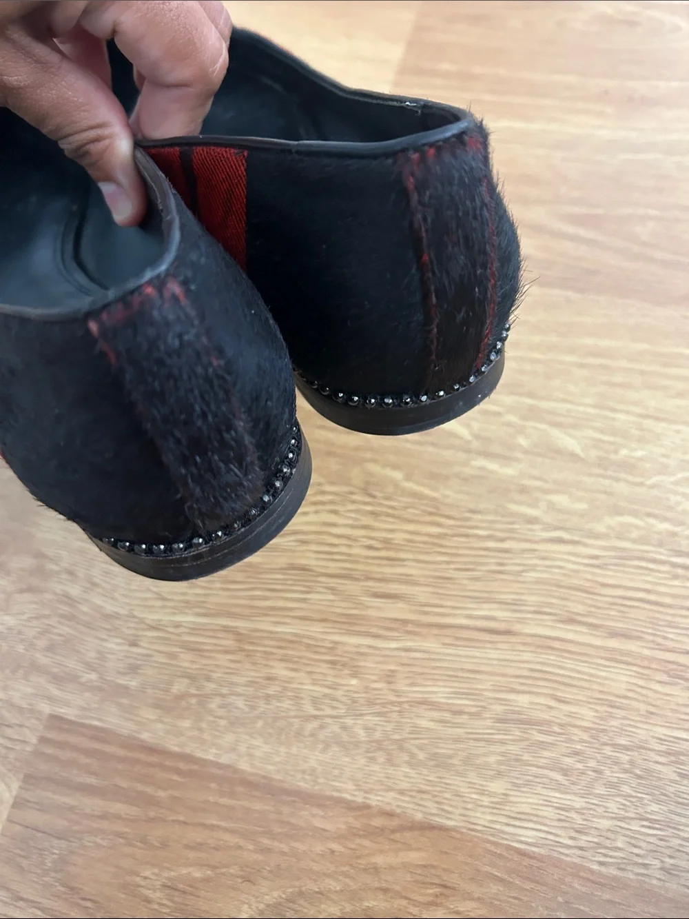 Coach Red and Black Plaid Pointed Toe Reeves Plaid Calf Hair Flats